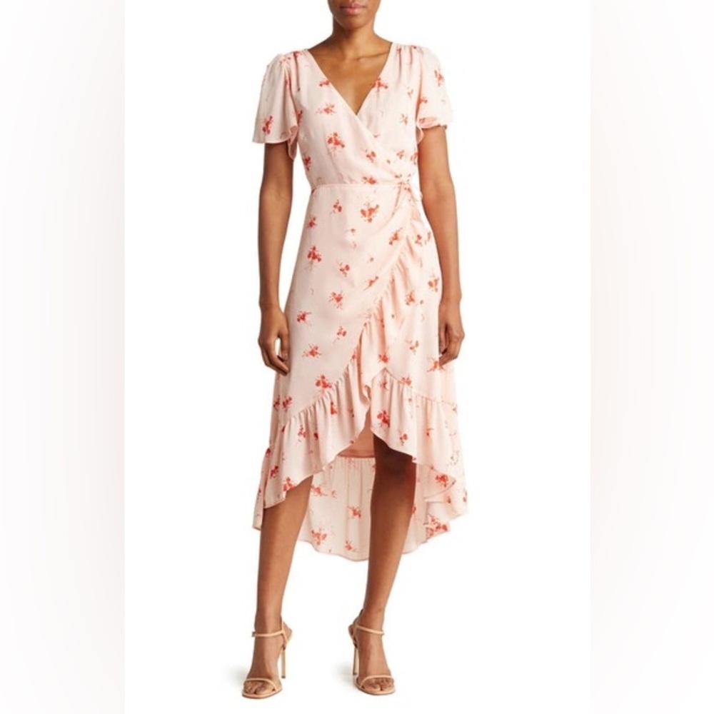 Chelsea28 Flounce Floral Print Chiffon Wrap Dress in blush pink w/ red flowers